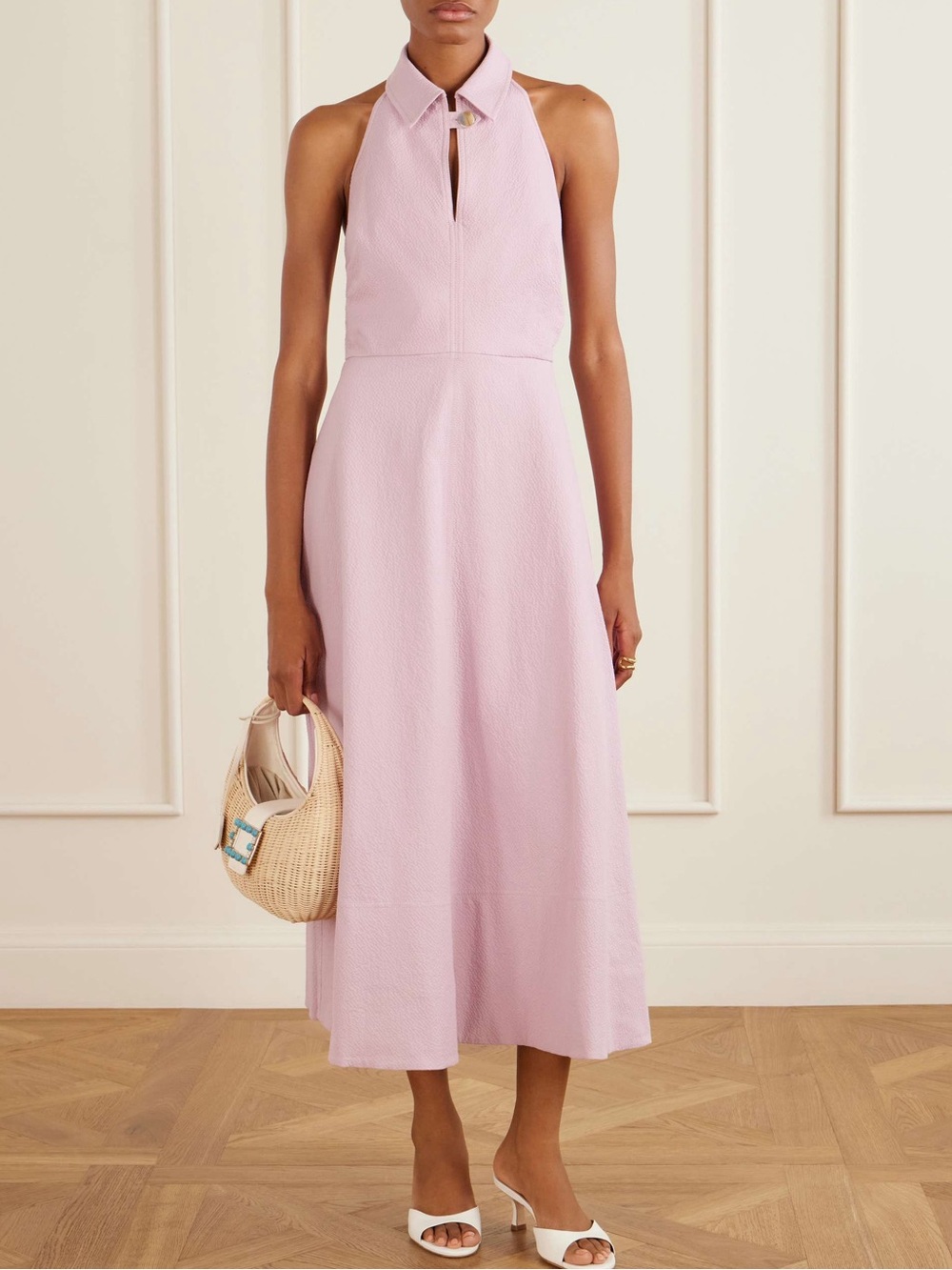 Veronica Beard Mackey Seersucker Halter Midi Dress in Pale Orchid Haze